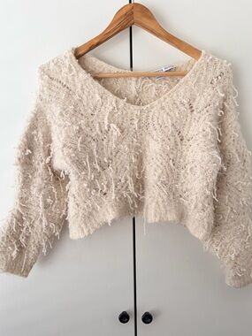 HYFVE Cream Textured V-Neck Cropped Sweater